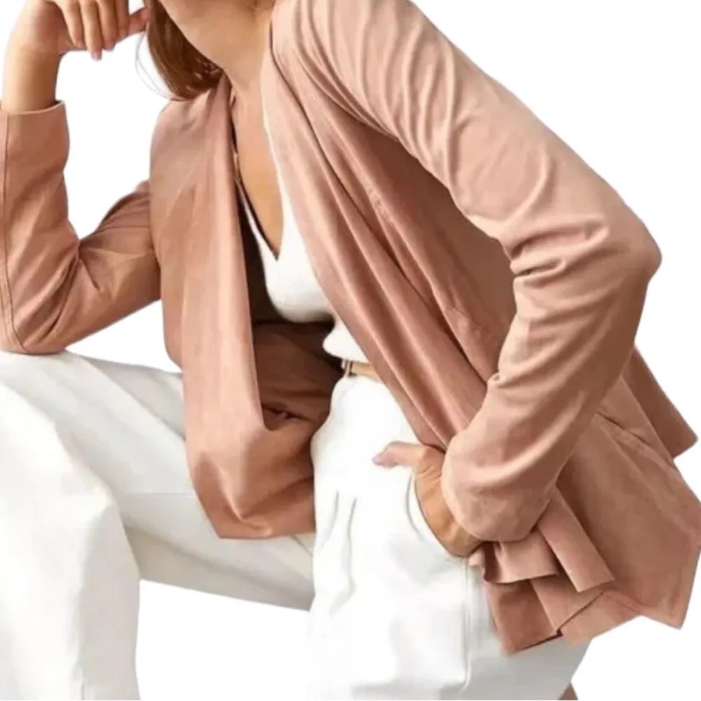 HUTCH ANTHROPOLOGIE Open Front Waterfall Jacket Vegan Suede Pink Size L